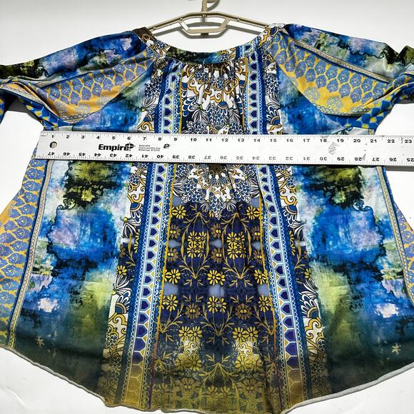 Y2K Top One World Boho Fairycore Grunge Peasant Blouse Blue Green Hippie Size S - Picture 6 of 9